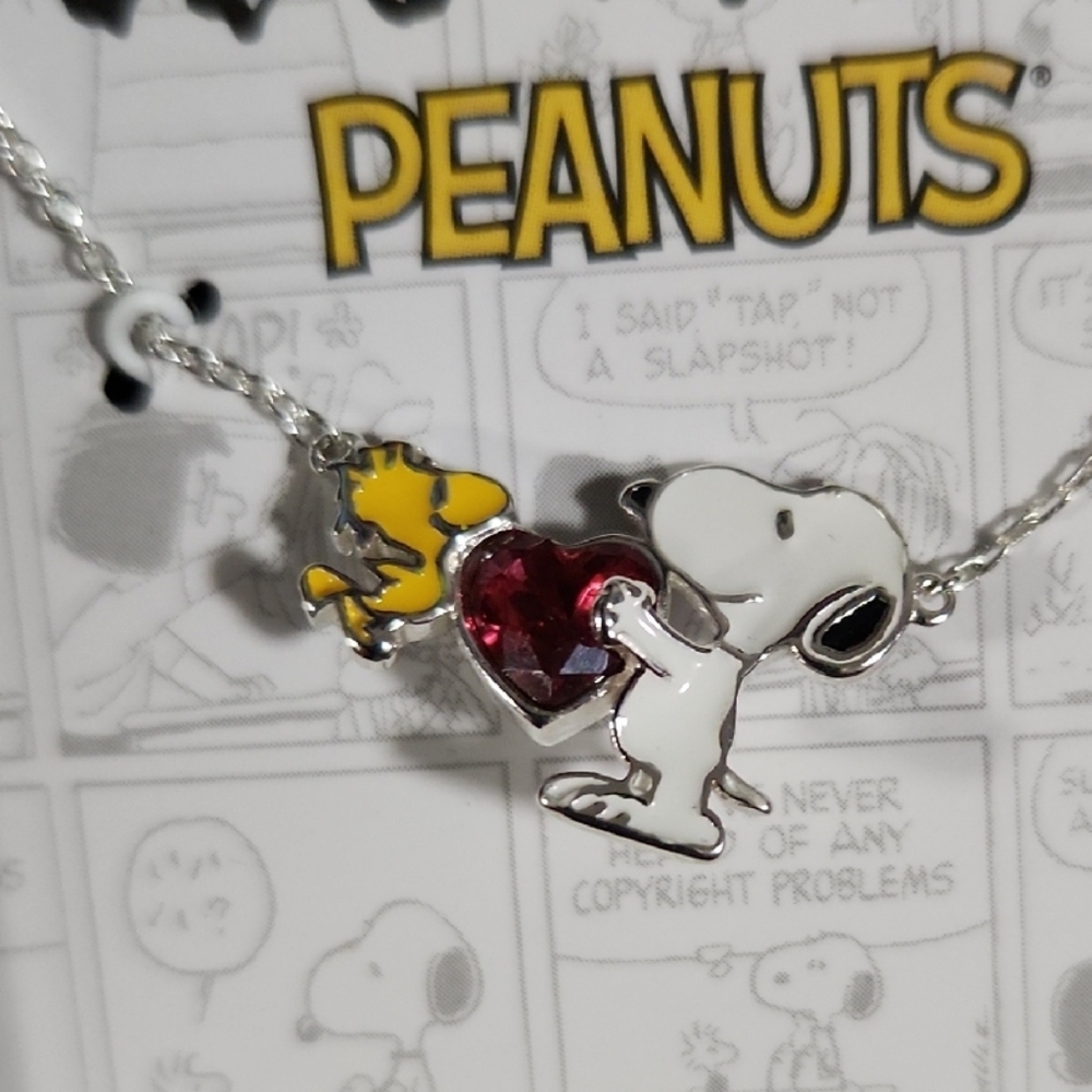 Snoopy and Woodstock Silver Plated Necklace With Red Jewel Heart